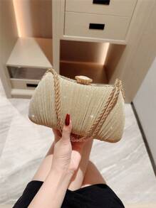 An Elegant Metal Wire Box Shape Evening Clutch Bag, Fashioned With Metal Chain Decoration, For Parties, Formal Functions, Proms And Evening Gowns, Party Bag Perfect For Party Wedding Prom Dinner/Banquet Matching With Holiday Party Dress Evening Dress & Sequin Dress, Perfectly Matching With Prom Accessories - Gold - View 6