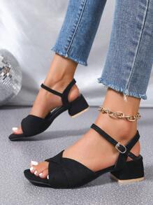 女式方头粗跟系带高跟凉鞋，时尚户外简约百搭中跟粗跟鞋 - 黑色 - 查看 5
