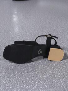 女式方头粗跟系带高跟凉鞋，时尚户外简约百搭中跟粗跟鞋 - 黑色 - 查看 6