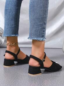 女式方头粗跟系带高跟凉鞋，时尚户外简约百搭中跟粗跟鞋 - 黑色 - 查看 4