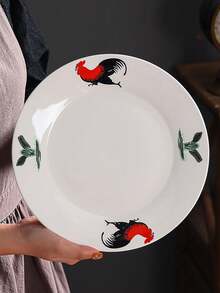 1入復古中國風雞紋盤，圓形陶瓷雞紋碟，適用於餐廳、家庭用餐，適用於早餐、牛排、意大利面、甜點，節日派對餐具 - 彩色 - 查看 9
