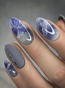 24 piezas de uñas postizas con forma de almendra corta, efecto estampado de tinte azul oscuro - Azul - Ver 1