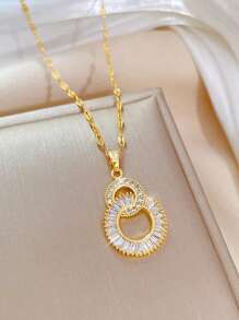 1件不鏽鋼雙環方鑽嵌入的8字形創意女士時尚吊墜項鍊