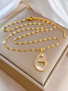 1件不鏽鋼雙環方鑽嵌入的8字形創意女士時尚吊墜項鍊