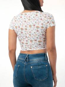 Blusa Blanca Estampado Floral Cuello V Manga Corta Tejido Canalé Casual TE AMOMO - Blanco - Ver 6