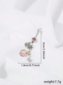 Pink Mermaid Scale Stud With Rhinestone, Starfish, And Seashell Design Belly Button Ring - 1pc - Silver - View 5
