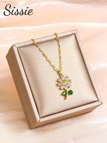 1 Stück Mode Kinder Halskette mit funkelnden Kupfer- und Kubikzirkonia Rosenblüten Anhänger mit Edelstahlkette, geeignet für Kindermode-Partys, Bankette, Feiertage, Straßen-Schmuck für täglichen Gebrauch, Geschenk für Kinder Geburtstag, Schuleintritt