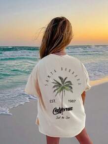 夏季休闲字母印花圆领短袖T恤，棕榈树度假风图案，趣味十足，专为年轻的冒险家们打造，准备好迎接户外乐趣吧！儿童服装女童图案T恤夏季上衣，青少年女孩服装 - 杏色 - 查看 1