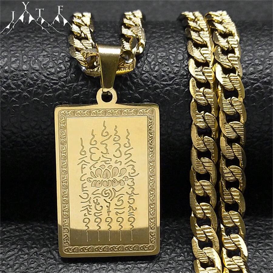 泰國經文佛教牌匾蓮花吊墜項鍊，男女不拘，不銹鋼金色方形嘻哈鍊 - 項鍊 - 查看 1