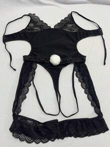 Goth Sexy Lingerie Lace & Faux Leather Patchwork Halter Teddy Bodysuit - Black - View 5