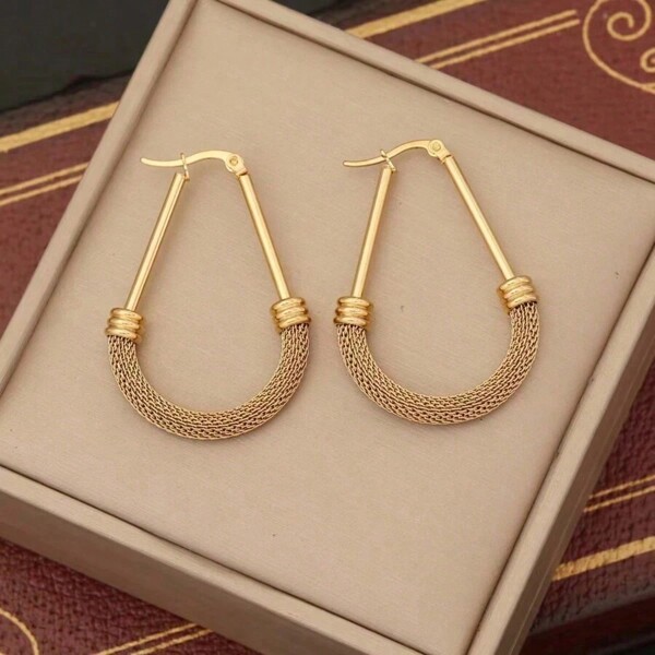 1 par de pendientes retro y personalizados con aros de acero inoxidable para mujeres, joyería de colgante de metal impermeable geométrico como regalo