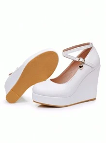 10cm White Round Toe Platform Ankle Strap Wedge Pumps High Heels, Fashionable Elegant Princess Wedding Bridal Shoes