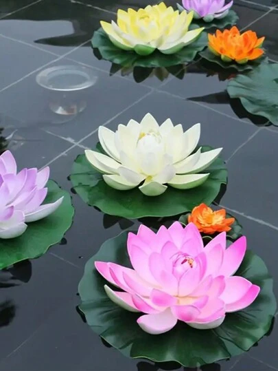 5片人造荷叶，漂浮莲花装饰，仿真荷花，池塘装饰假花，漂浮泡沫荷花，仿真荷叶，适用于花园池塘水族箱装饰，带荷叶的人造漂浮泡沫荷花，逼真装饰，适用于家庭花园池塘装饰，排灯节、复活节、圣诞节