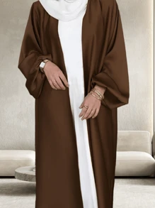 1set Women's Satin Plain Color Elegant Long Robe With Waist Belt, Suitable For Daily Gatherings (Abaya) - Multicolor - View 12