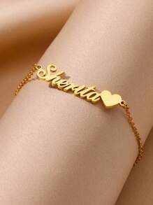 1PC Custom Name Bracelet With Heart Stainless Steel 18k Plated Gold Personalized Name Bracelet For Women Girl Fashion Daily Jewelry Gift