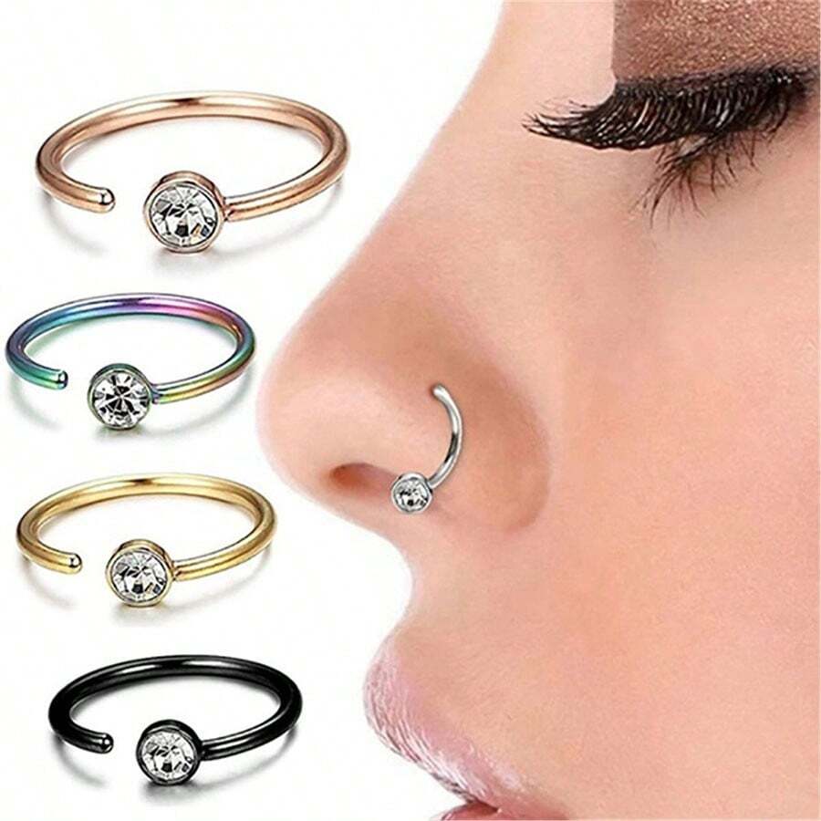 1pc 316 Stainless Steel CZ Stone Inlaid NonPiercing Nose Clip Ring