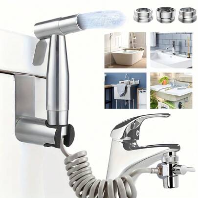 1 Set Sink Hose Handheld Bidet Sprayer, 304 Stainless Steel Spray Gun With 79'' Retractable Spring Hose And 3-Way Diverter Valve Sprayer Holder & Universal Faucet Diverter, Suitable For Women Washing, Baby Diaper Cleaner Bathroom Bathroom Accessories Bathroom Tools
