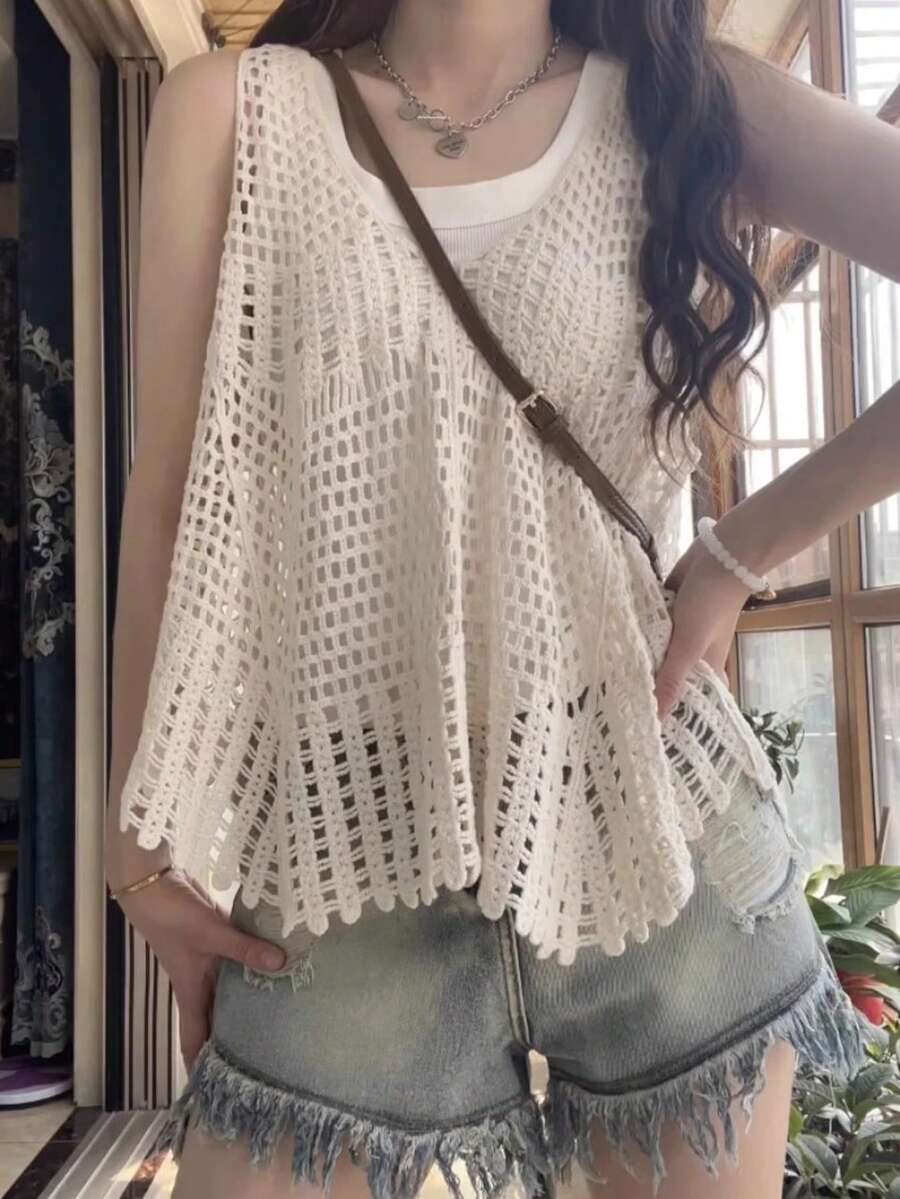 JIANHU Hollow Style Camisole Knit Top - Apricot - View 1