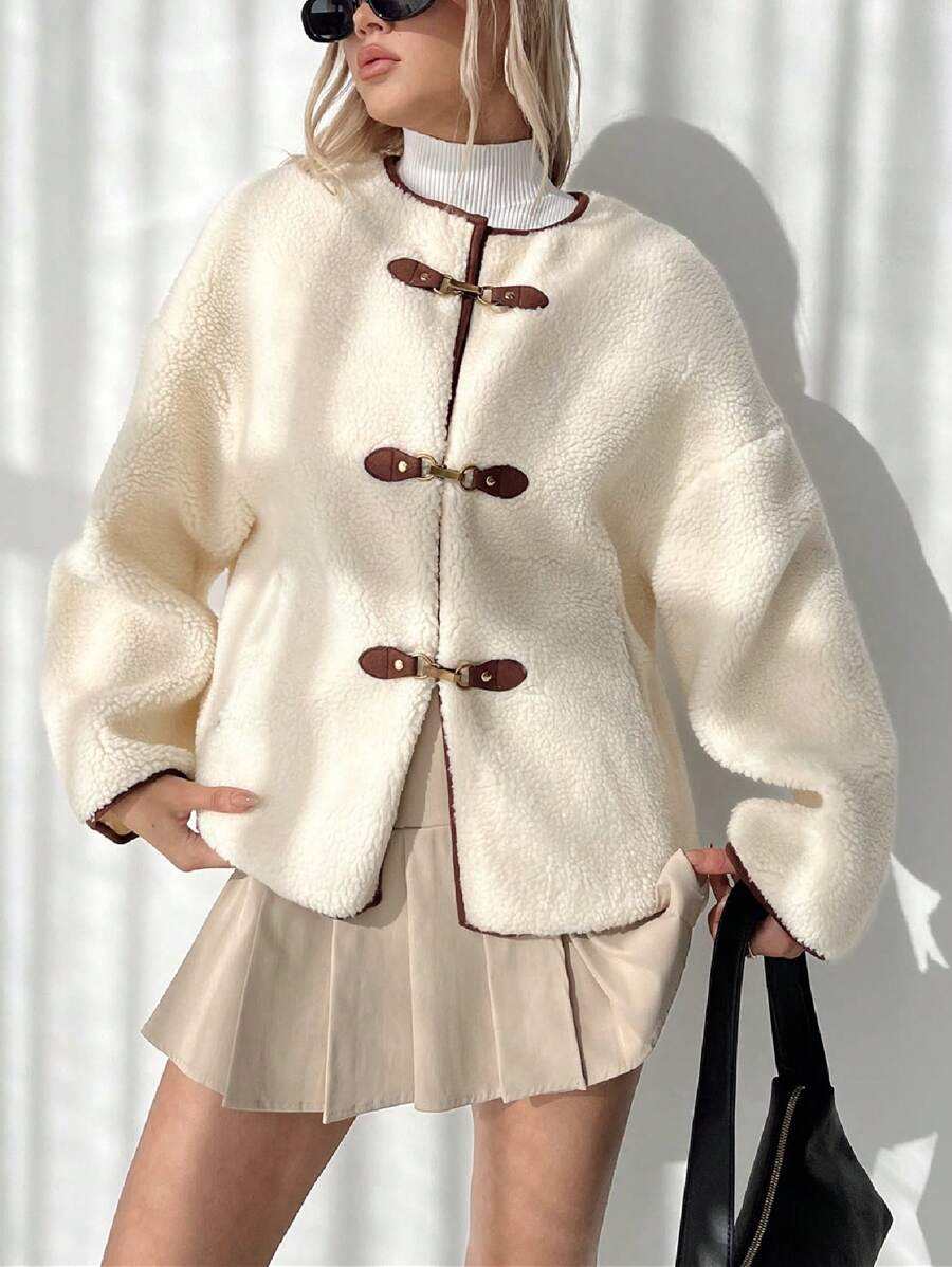 Women's Fashionable Elegant Round Neck Long Sleeve Short Jacket Top, Autumn/Winter - Apricot - View 1