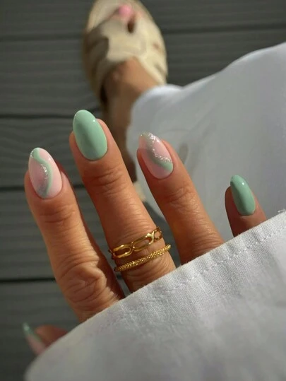 24Pcs Matcha Color Short Oval Stripe Tip Short Press On Nails Full Fit Design Acrylic Fake Nails, Contain 1Pc Jelly Glue And 1Pc Nail File, French Tip Nails Suitable For Women And Girls, Daily Life And Party Use Nail Supplies Nails