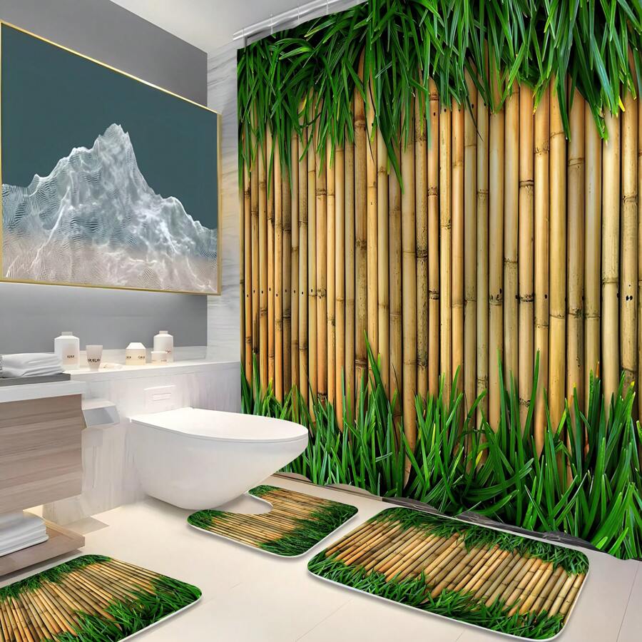 Bamboo 3D Printed Bathroom Sets With Zen Japanese Nature Shower Curtain And 20 X 31 Rugs Bathroom Accessories Sets Decor With Bath Rug, Bath Mat, U-Shaped Contour And Hooks 72 X 72 Inch… - 綠色 - 查看 1