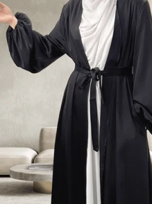 1set Women's Satin Plain Color Elegant Long Robe With Waist Belt, Suitable For Daily Gatherings (Abaya) - Multicolor - View 13