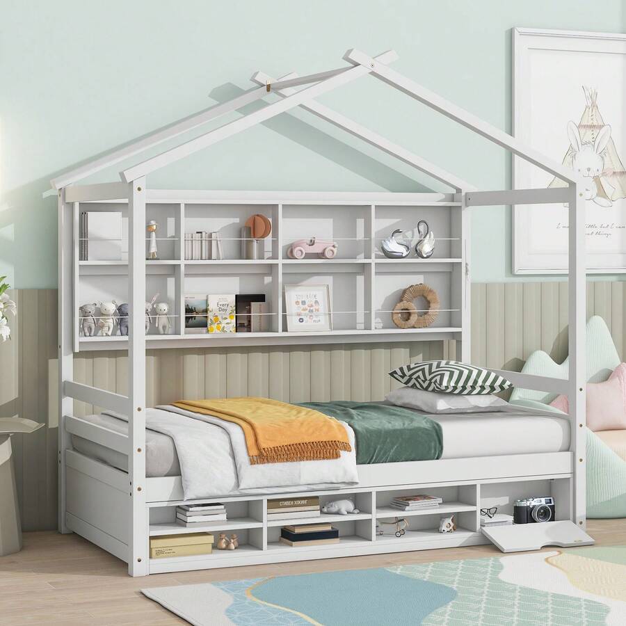 Nestfair Twin House Bed With Roof Fram - 白色 - 查看 1