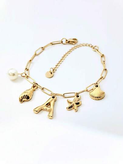 1 件 18K 镀金吊坠手链，不锈钢链式手链，贝壳字母项链，金吊坠，波西米亚海滩风格，18K 海星冲浪者珠宝礼物，Ins 风格，金手链，圣诞节，万圣节，优雅礼物