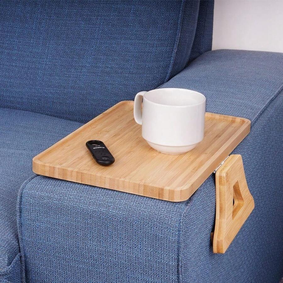 Portable And Stable Couch Arm Table/Tray,For Small Spaces, Eating Drinking Writing - Wood color - View 1