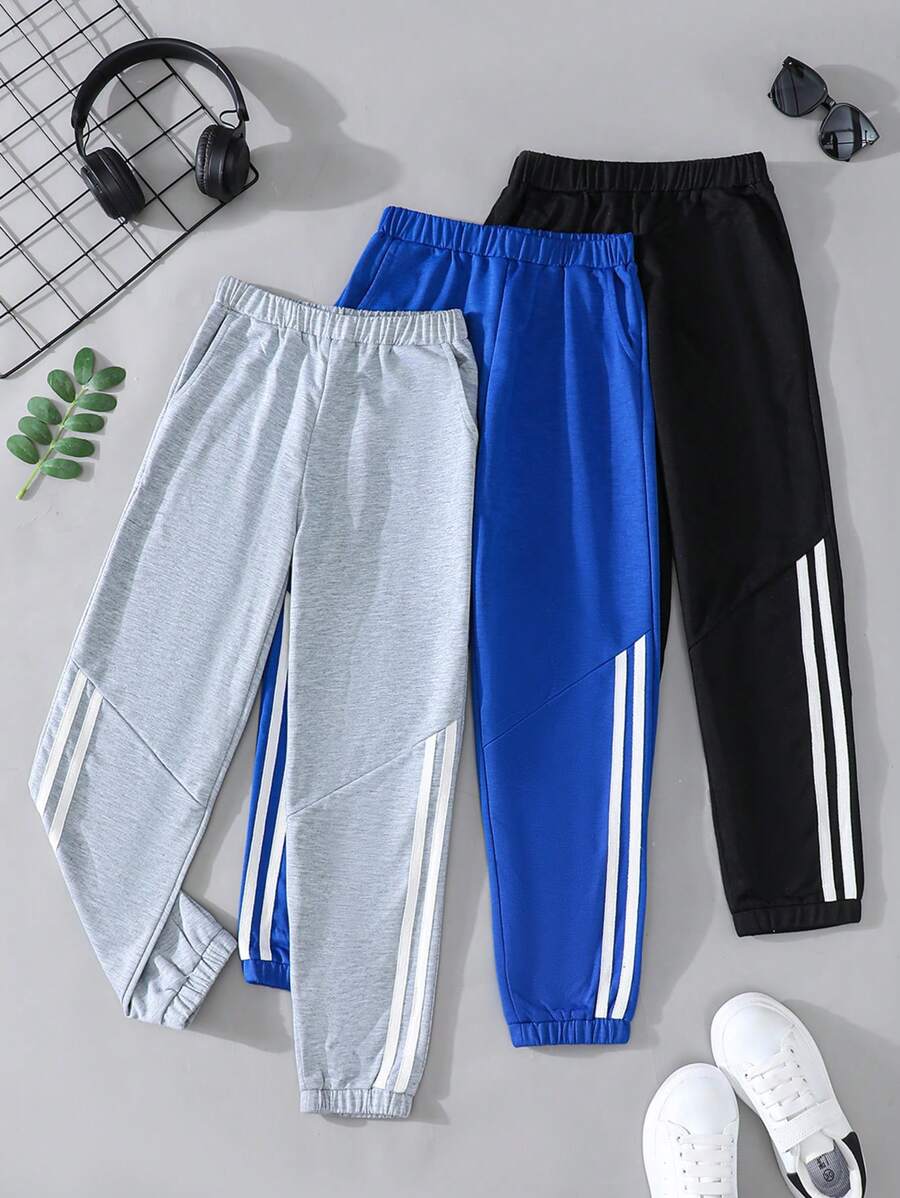 Tween Boy 3pcs/Set Solid Color Casual Pants Comfortable And Versatile With Pockets, Weaved Edges & Elastic Waistband