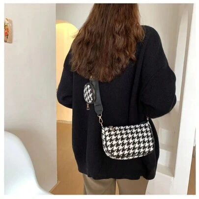 2pcs Women's Retro Plaid Print Shoulder Bag With Mini Round Coin Purse Pendant, Casual Small Crossbody Bag