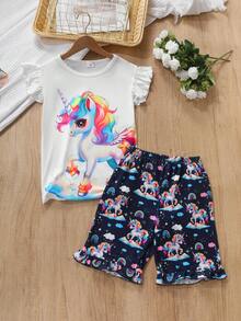 Young Girl Cartoon Unicorn Print Cap Sleeve Top And Shorts Set, Spring/Summer - Multicolor - View 1