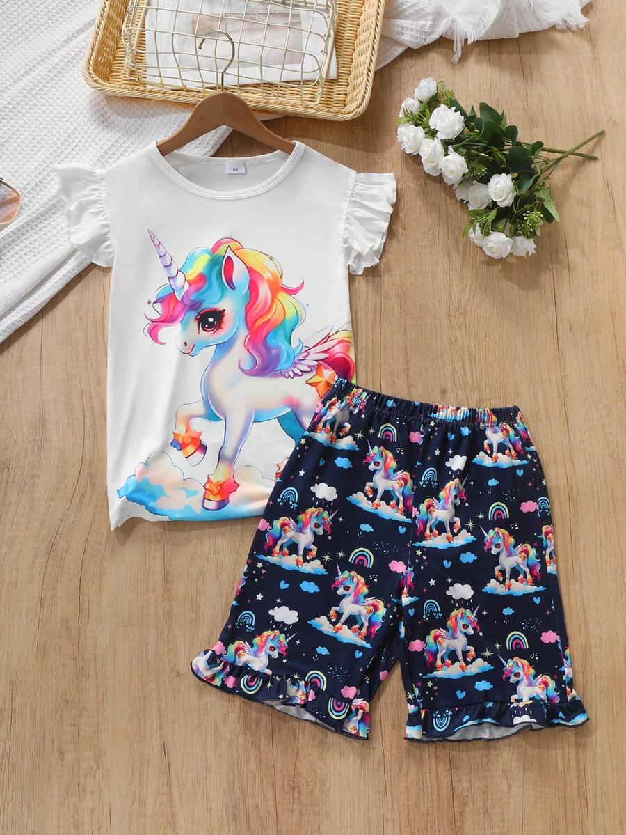 Young Girl Cartoon Unicorn Print Cap Sleeve Top And Shorts Set, Spring/Summer - Multicolor - View 1