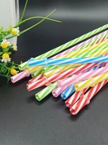 5 Striped Hard Plastic Straight Straws, Reusable Colorful Hard Straws With Buckles To Prevent Them From Falling Off. School Supplies,Back To School - Multicolor - View 2