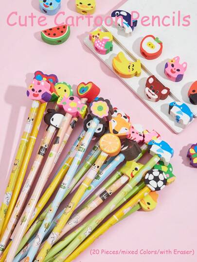 20pcs/Set HB Cute Cartoon Pencils With Erasers, Random Colors/Styles