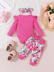 Korallenfarbener Langarm-Bodysuit für Baby Mädchen mit geripptem Muster für Herbst/Winter, zusammen mit langen Hosen mit Blumenmuster