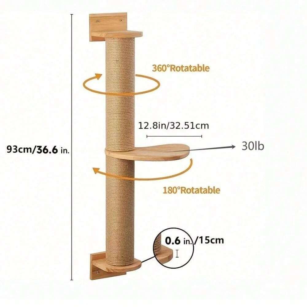 Unpainted Natural Wood Cat Scratching Post With Rope, WallMountable Cat Climbing Pole With