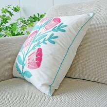 1入組粉色花卉刺繡枕套，現代極簡主義帆布刺繡沙發靠墊枕套床側靠背辦公室腰靠枕 - 白色 - 查看 5