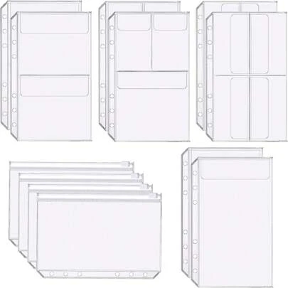 12 个 A5 活页夹口袋，A5 尺寸 6 孔活页夹口袋，优质透明活页夹拉链文件夹文件归档袋，适用于 6 环笔记本活页夹活页袋，返校，返校，学校用品
