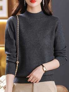 Nowy gruby sweter z dzianiny w jednolitym kolorze, z długim rękawem i półgolfem, top na wszystkie mecze - Ciemnoszary - Zobacz 1