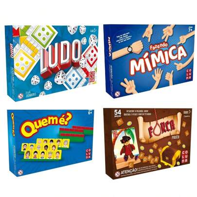 Kit 4 Jogos Divertidos Quem é? + Fazendo Mimica + Ludo + Forca Pais e Filhos