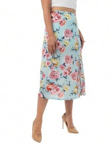Falda Larga Estampado Floral Floral Muslo Abertura TE AMOMO - Azul - Ver 5