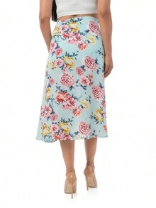 Falda Larga Estampado Floral Floral Muslo Abertura TE AMOMO - Azul - Ver 6