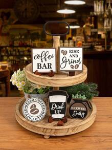 Mini Wooden Coffee Bar Sign Farmhouse Cafe Simple Decoration Retro Coffee Wood Panel Layered Tray Ornament Set Of 1 - Multicolor - View 3