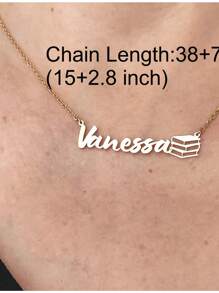 1入定制名字圖書項鏈女士金色不銹鋼鎖骨鏈個性化珠寶，教師節禮物 - 銀色 - 查看 4