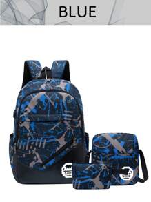 1套撞色混搭时尚背包三件套学生背包大容量拉链简约背包小学生背包男中学生高中生大容量背包时尚休闲校园背包男生背包旅行背包出差旅游度假户外运动男友礼物购物返校季必备 - 藍色 - 查看 5