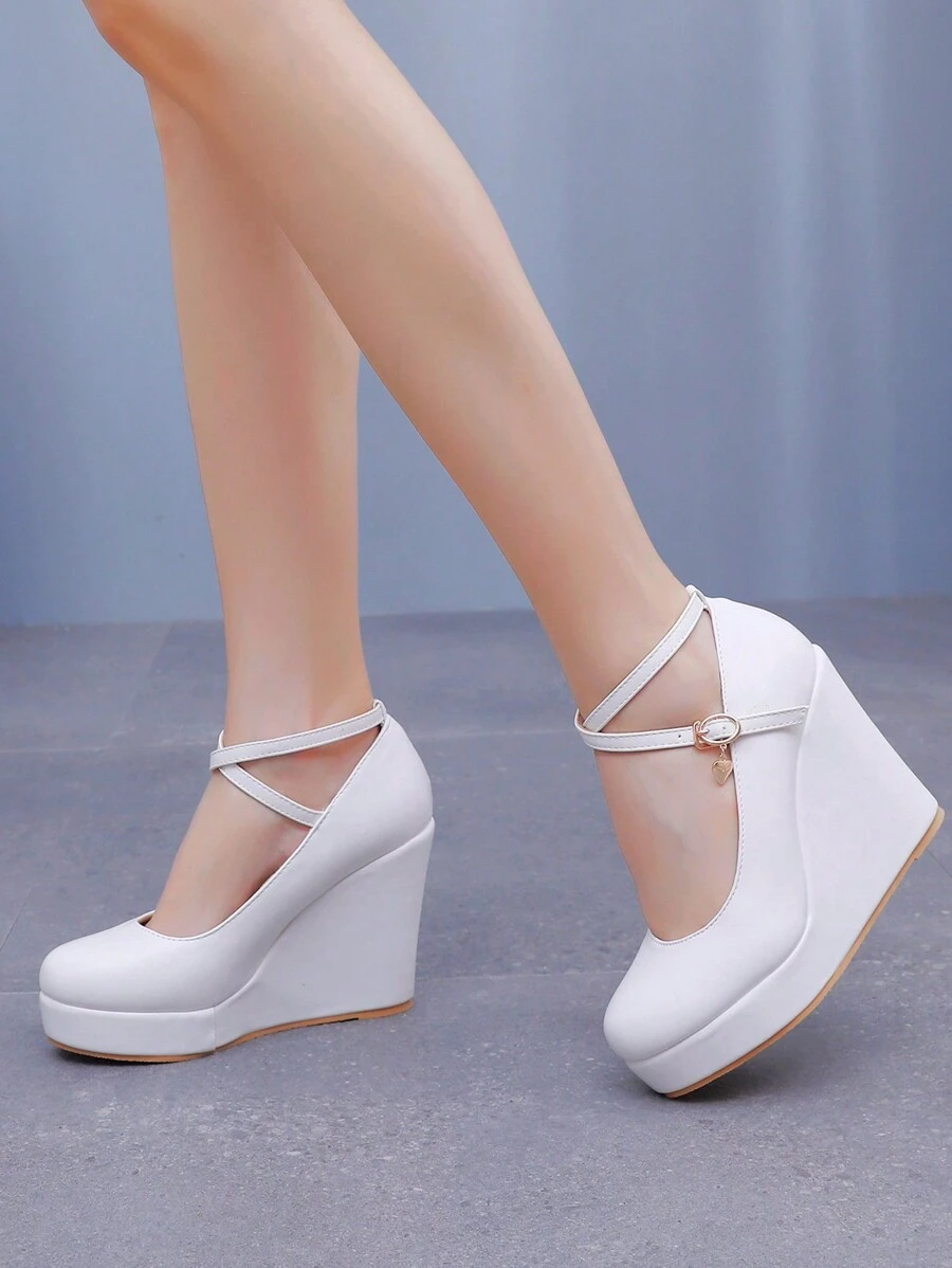 10cm White Round Toe Platform Ankle Strap Wedge Pumps High Heels, Fashionable Elegant Princess Wedding Bridal Shoes