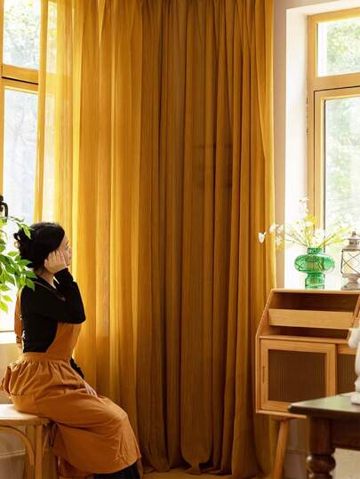 1pc American Pastoral Style Linen-Like Sheer Curtain, Suitable For Living Room, Bedroom, Balcony, Bay Window, Study, Bar Decoration, Villa (All Seasons), Curtain Rod And Rail Not Included