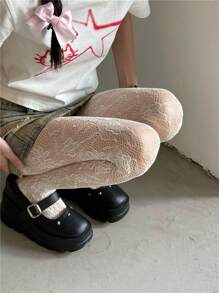 Spring/Summer Y2K Millennium Solid Color Sunflower Lace Fishnet Hollow Out Jacquard Pantyhose For Street Style - White - View 5