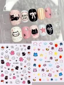 FULL BEAUTY 2入組卡哇伊黑白塗鴉貓狗多彩蝴蝶結指甲貼紙，卡通可愛的休閒動物腳印草莓星雲指甲貼花設計自粘滑動式美甲貼紙DIY迷人裝飾指甲用品女孩禮物
